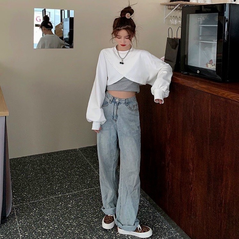 ÁO CROPTOP Chéo TAY Dài - Áo Kiểu cổ tròn tay phồng nhẹ