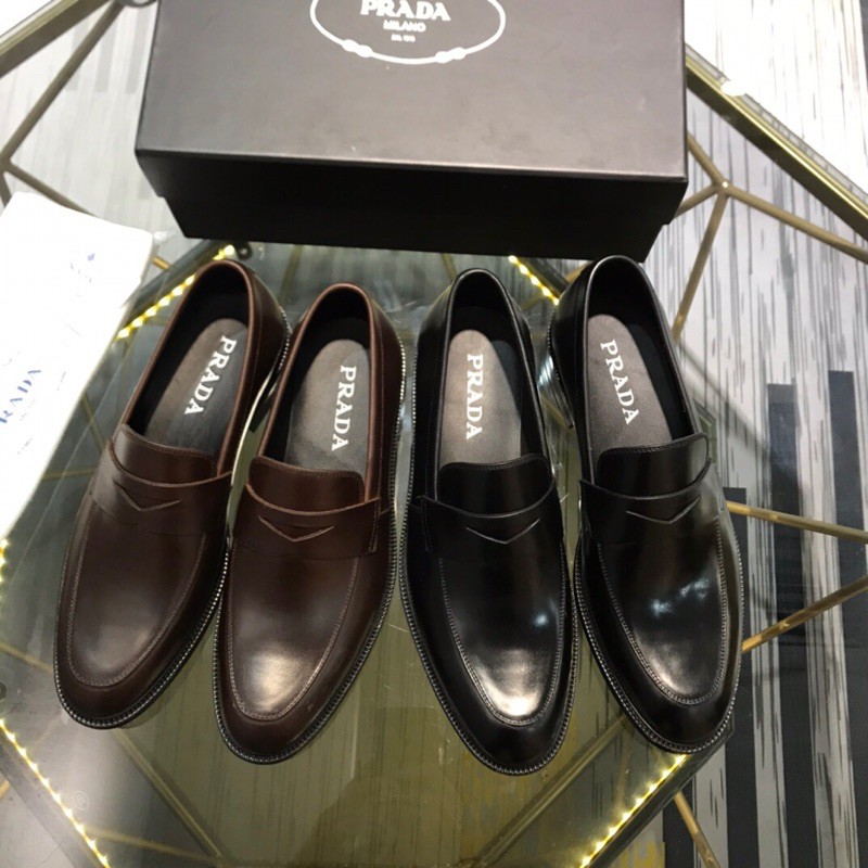 giày tây nam da mềm bóng quai to không dây prada