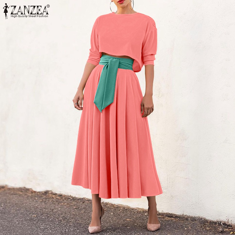 Set quần áo  ZANZEA gồm áo cổ tròn tay 3/4 + chân váy dài xẻ tà lưng cao thời trang châu Âu cho nữ