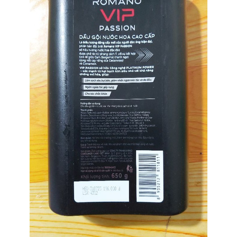 Dầu gội cao cấp Romano Vip Passion/Vision 650g