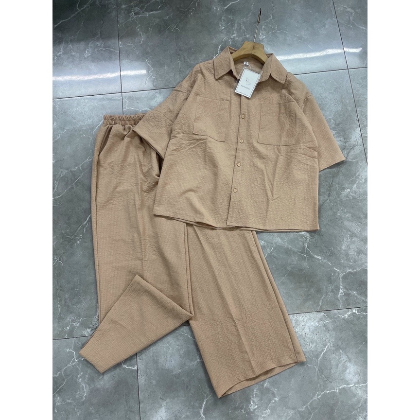 Set áo sơ mi đũi xốp kèm quần suông ống rộng cao cấp ulzzang Hàn Quốc