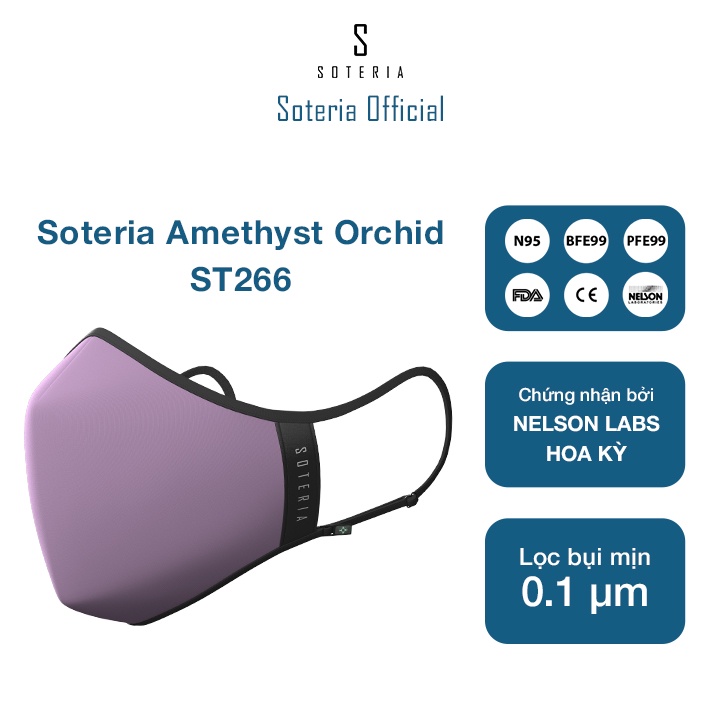 Khẩu trang tiêu chuẩn Quốc Tế SOTERIA Amethyst Orchid ST266 - Bộ lọc N95 BFE PFE 99 lọc đến 99% bụi mịn 0.1 micro