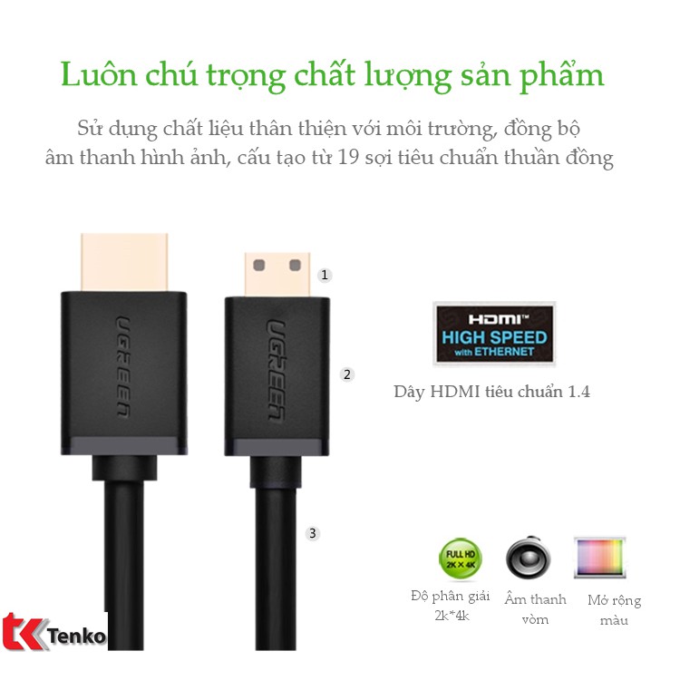 Cáp Mini HDMI Sang HDMI 3m Ugreen 10118 Hỗ Trợ 4K