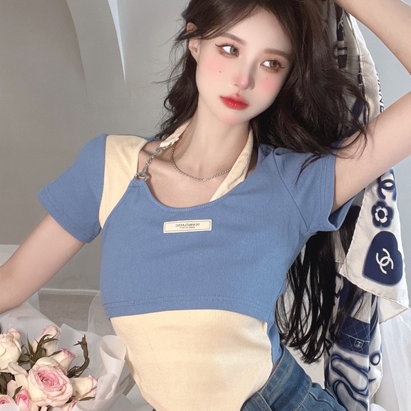 【ZHELIHANGFEI】 Áo Thun Tay Ngắn Giả Hai Lớp Màu Sắc Tương Phản