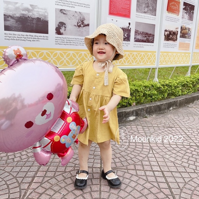 Váy đầm công chúa đũi mềm cao cấp cài khuy tay bồng nơ lưng cho bé gái cho bé 8-20kg