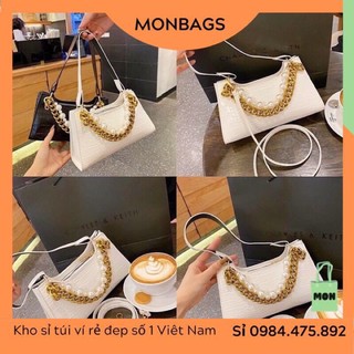 Túi Xách Nữ Kẹp Nách Có Dây Đeo Chéo Quai Xích Ngọc MonBags 2 Màu Đen Trắng