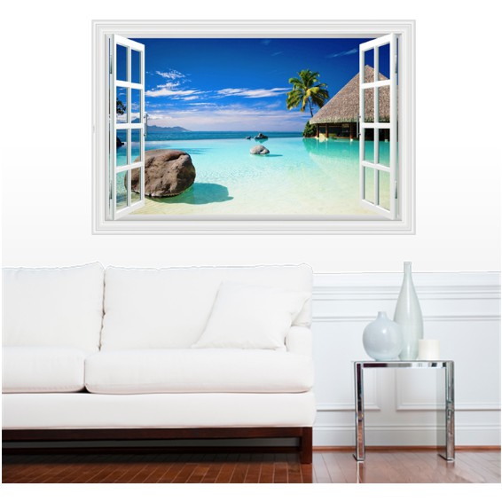 Decal trang trí khung cửa sổ 3D cảnh Resort biển xanh