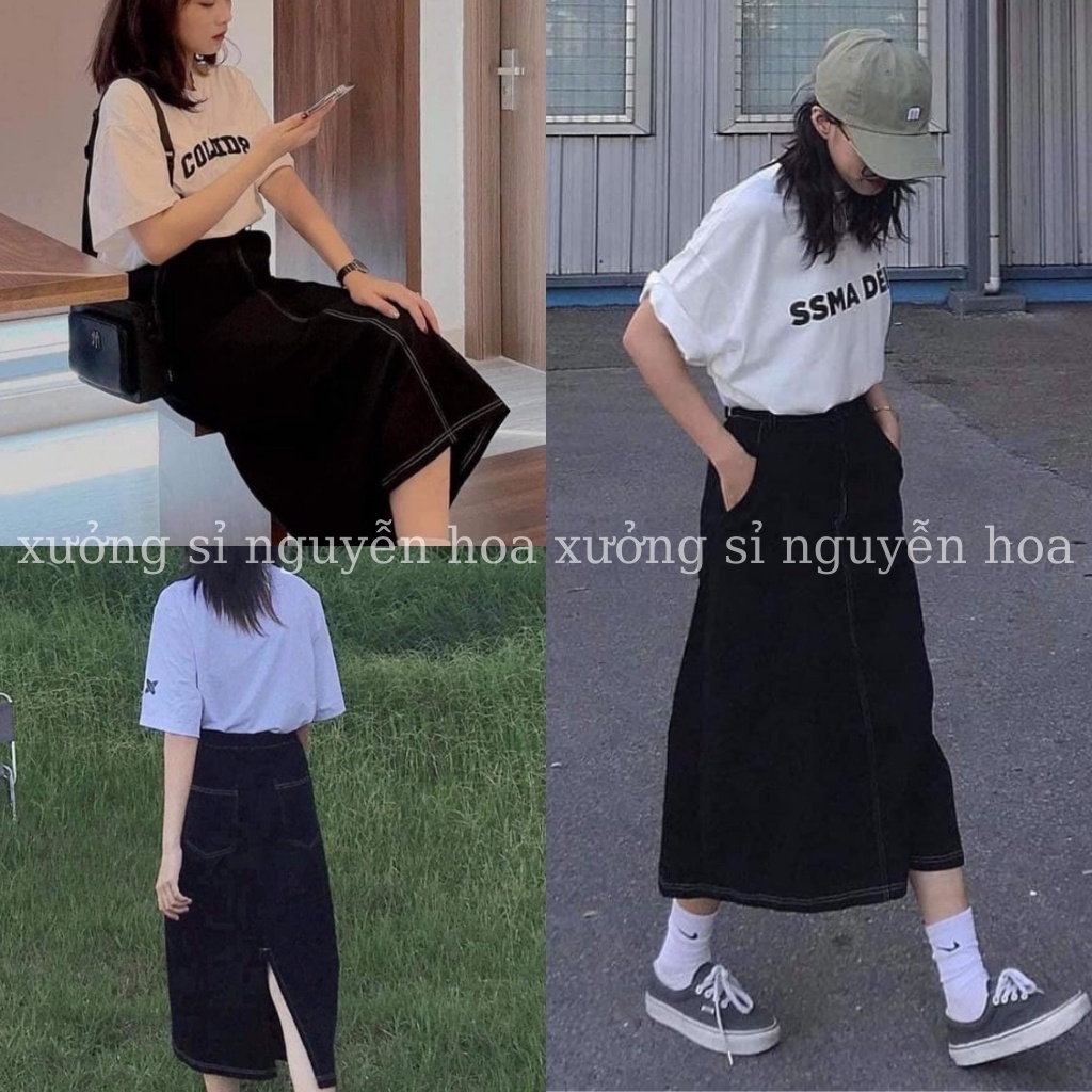 Chân váy nữ kaki giả jean midi dài viền chỉ nổi basix trẻ trung năng động Xưởng Sỉ Nguyễn Hoa