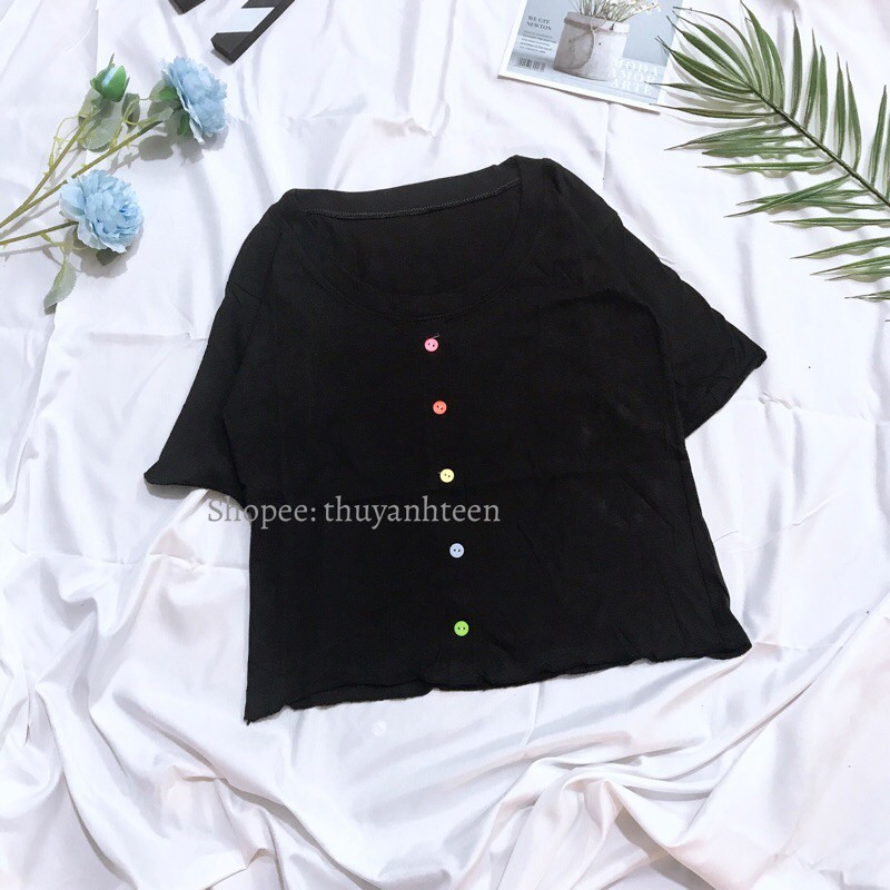 Áo Croptop Ulzzang trơn body cuốn biên đính cúc màu