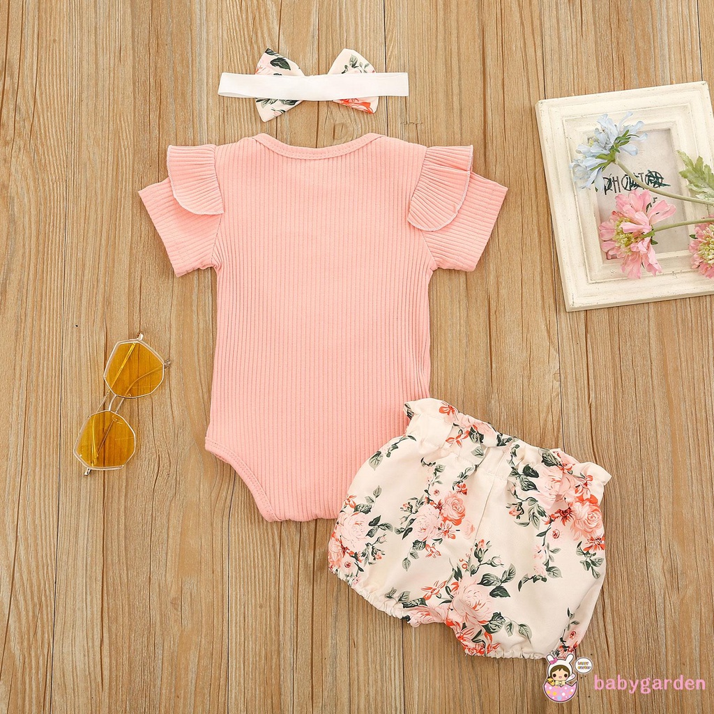 Áo liền quần tay ngắn diềm xếp nếp + quần short in hoa + băng đô phong cách mùa hè đáng yêu dành cho bé gái