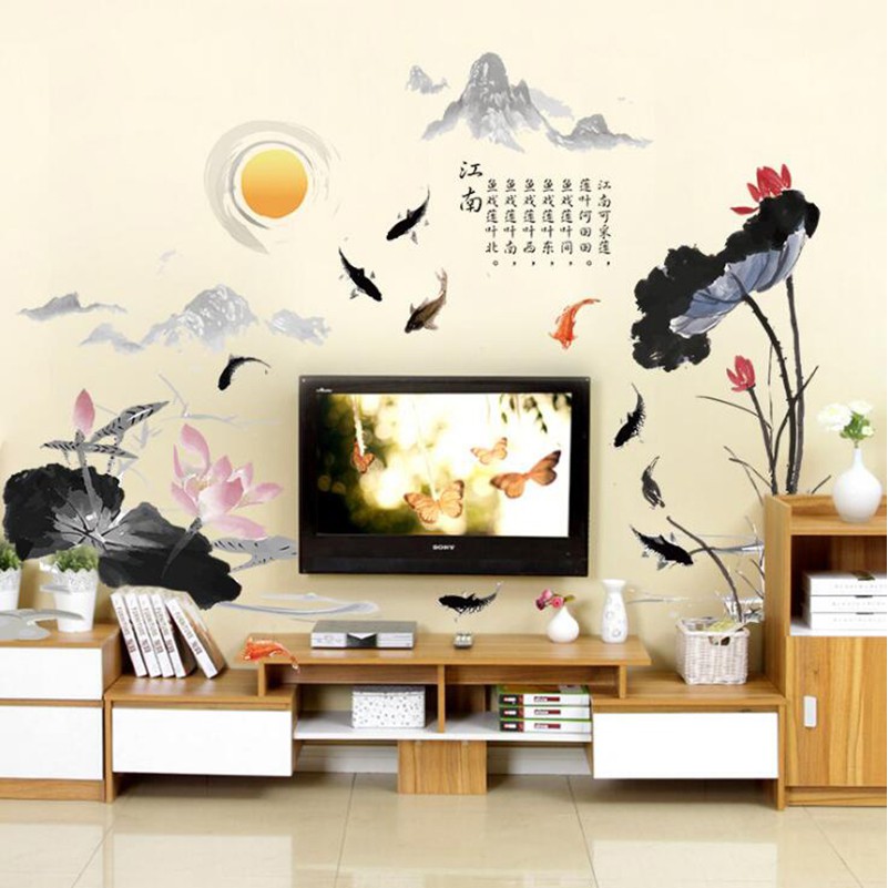 Decal dán tường sen cá mây núi đất trời XL8295