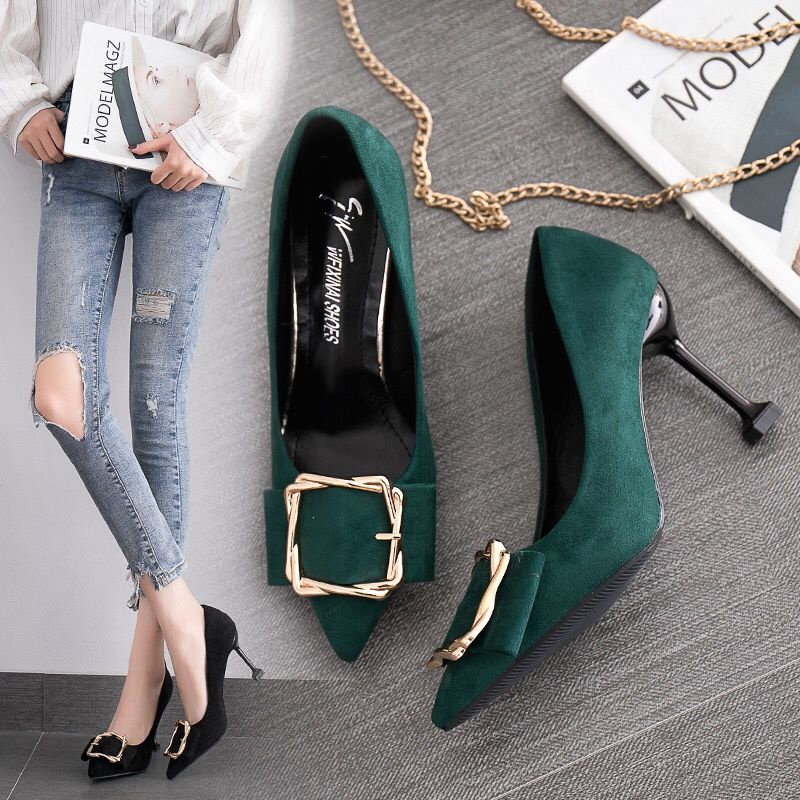 Giày Cao Gót Da Lộn Mũi Vuông Màu Đen Phong Cách Hàn Quốc Thời Trang Cho Nữ