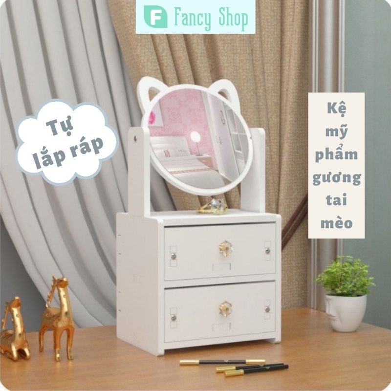 Kệ mỹ phẩm tai mèo Fancy màu trắng 2 ngăn kéo - Tủ đựng đồ trang điểm mini có gương tự lắp ráp