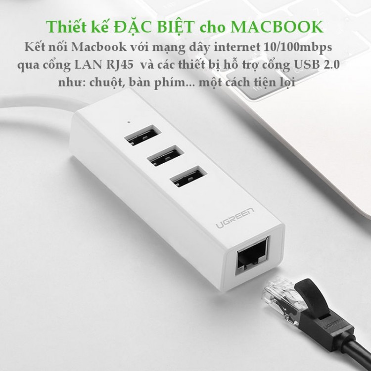 Cáp chuyển đổi USB Type C sang Lan RJ45 và 3 cổng USB 2.0 Ugreen 020792 - Hàng Chính Hãng BH 18 Tháng