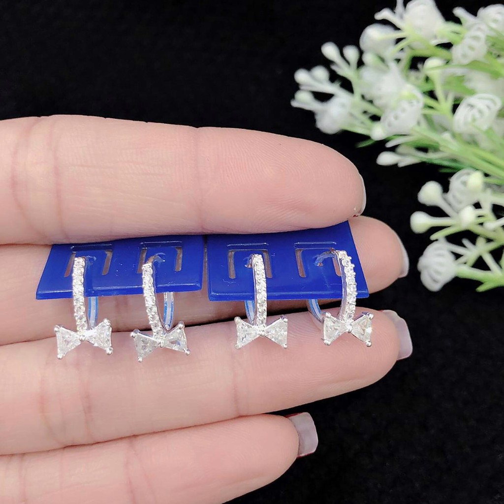 Khuyên Tai Bạc Ta CaoBac Jewellery Cho Nữ Móc Tròn Đá Thiết Kế Chốt Cài Phối Nơ Đá