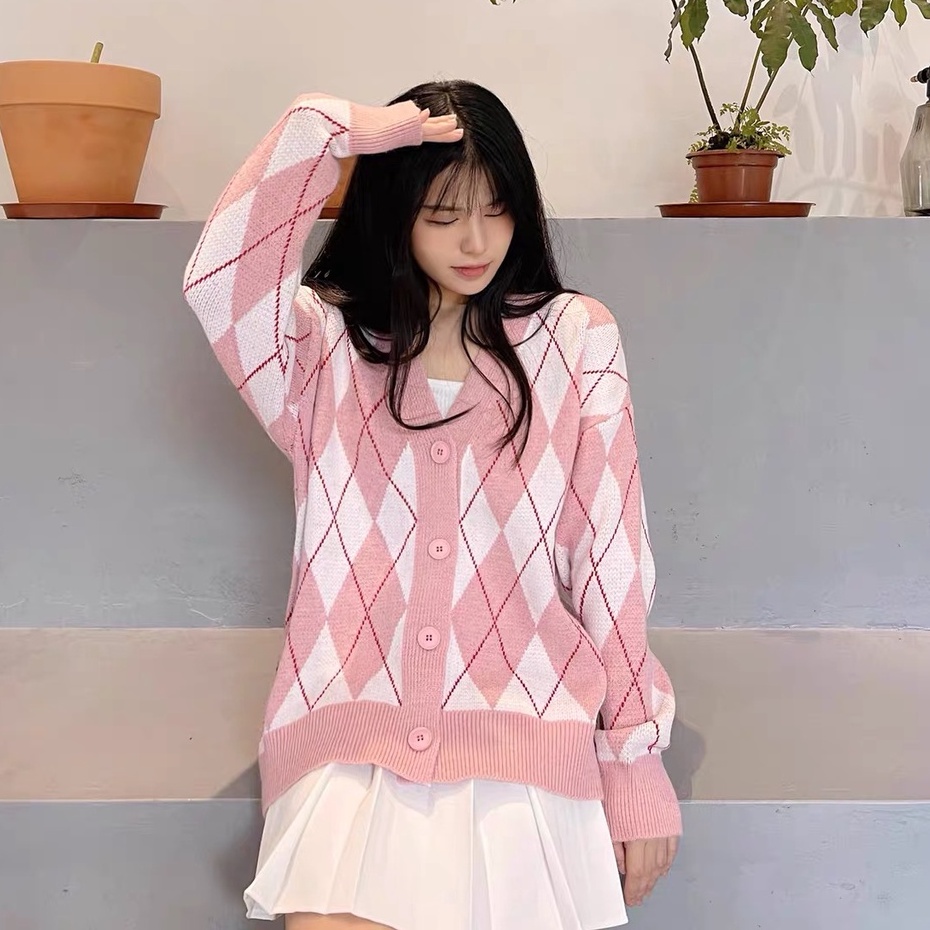 Áo khoác cardigan len caro nữ dáng dài rộng dày dặn dệt kim phong cách Hàn Quốc trẻ trung dễ phối đồ