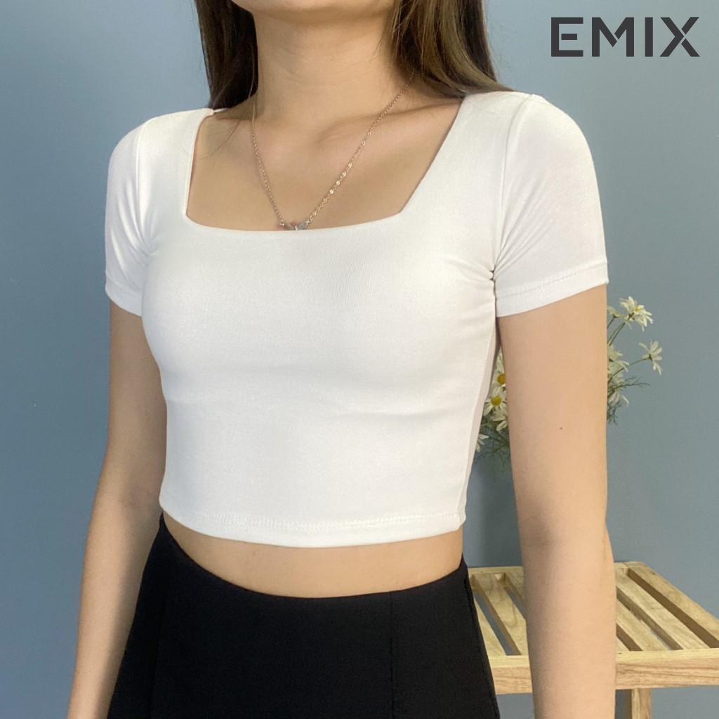 Áo thun nữ croptop cổ vuông EMIX (2 màu), cộc tay, dài 36cm, chất díp siêu co giãn, vải đẹp không lộ Crop205/P2.K6