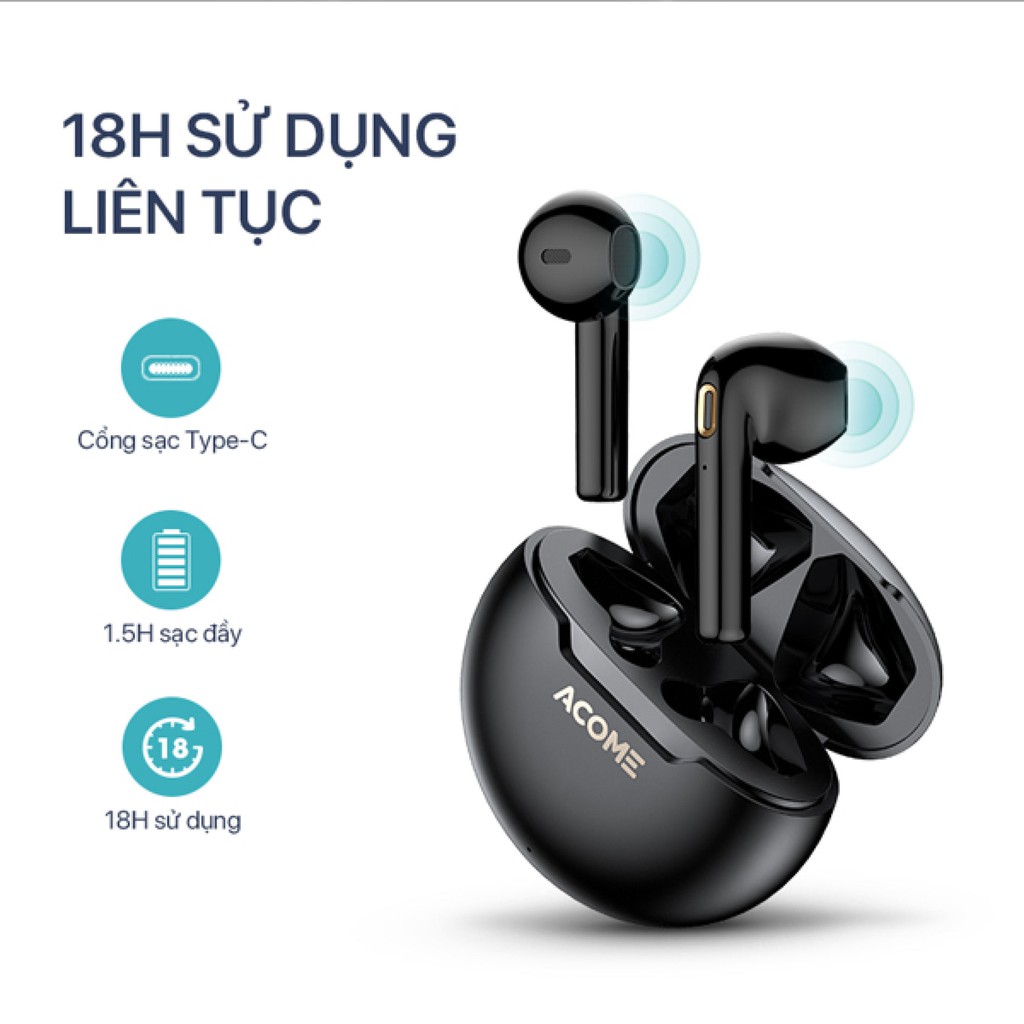 Tai Nghe Không Dây ACOME Airdots T2 Bluetooth 5.0 TWS Semi In-Ear Chống Nước IPX4, Play time 18h