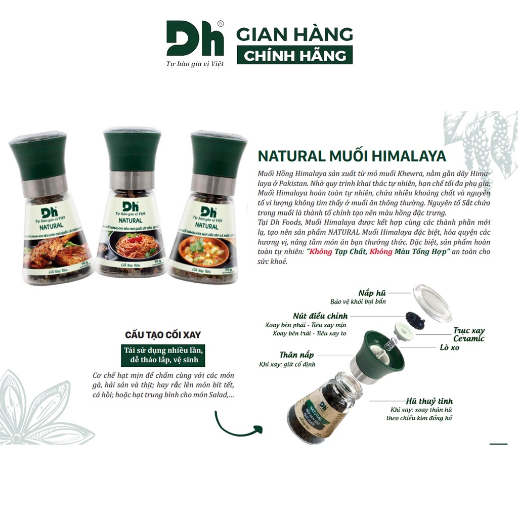 Muối Himalaya tiêu chín Phú Quốc lá chanh Natural DH Foods dạng cối xay gia vị chế biến thực phẩm 70gr - DHGVT94