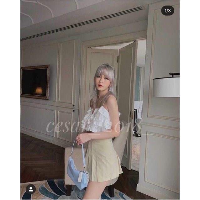 ✅ Set áo trắng 2 dây bèo tầng + chân váy nude xếp ly 🌟