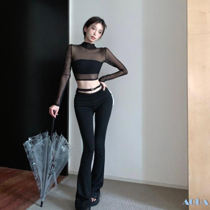 Áo Thun Crop Top Tay Dài Phối Lưới Xuyên Thấu Màu Trơn Hở Lưng Gợi Cảm Thời Trang Đường Phố Cho Nữ