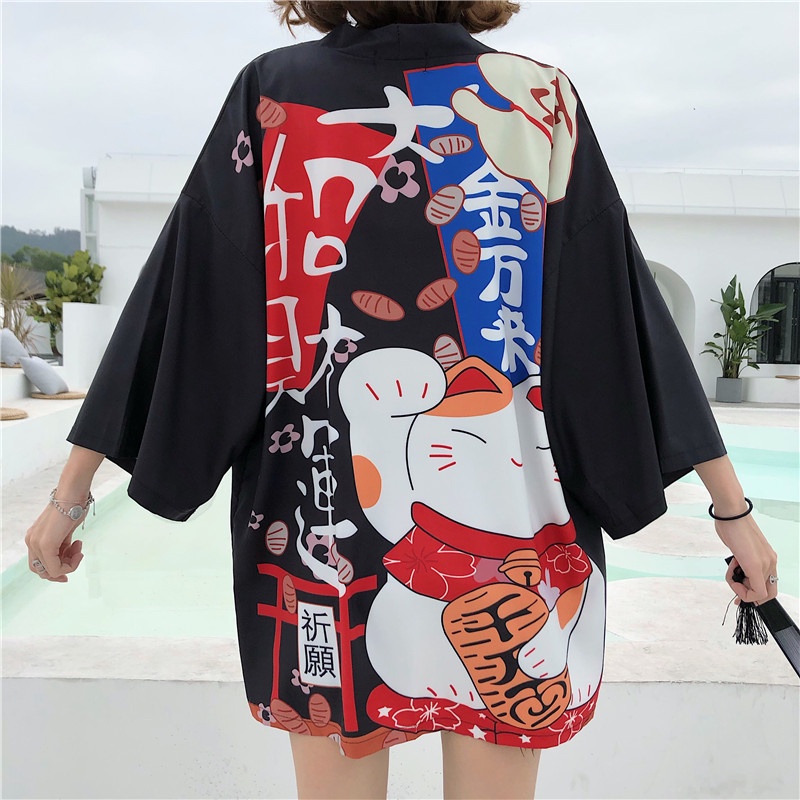 Áo Khoác Kimono Nhật Bản Dáng Rộng Màu Hồng Đen Thời Trang Harajuku Mùa Hè Hàng Mới Dành Cho Bạn Nữ