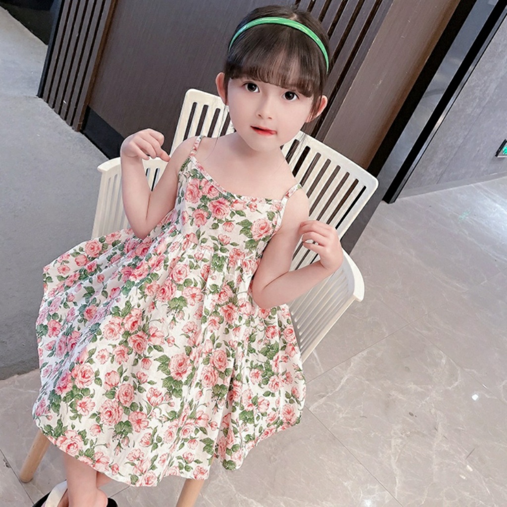 Váy cho bé gái hoa hồng 2 dây chun lưng từ 08-20kg