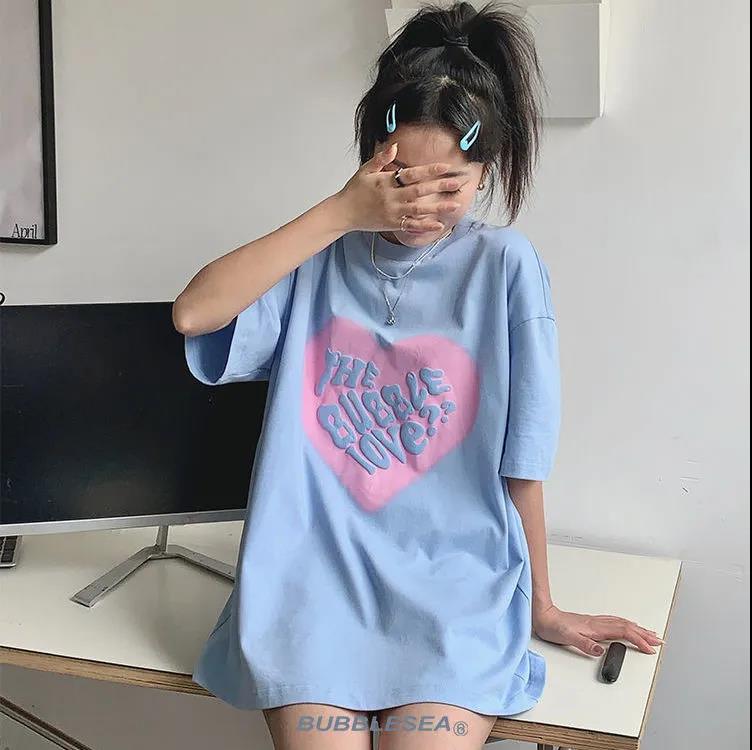 Áo Thun 100% cotton Tay Ngắn Dáng Rộng In Hình Trái Tim Thời Trang Mùa Hè Hàn Quốc Cho Nữ