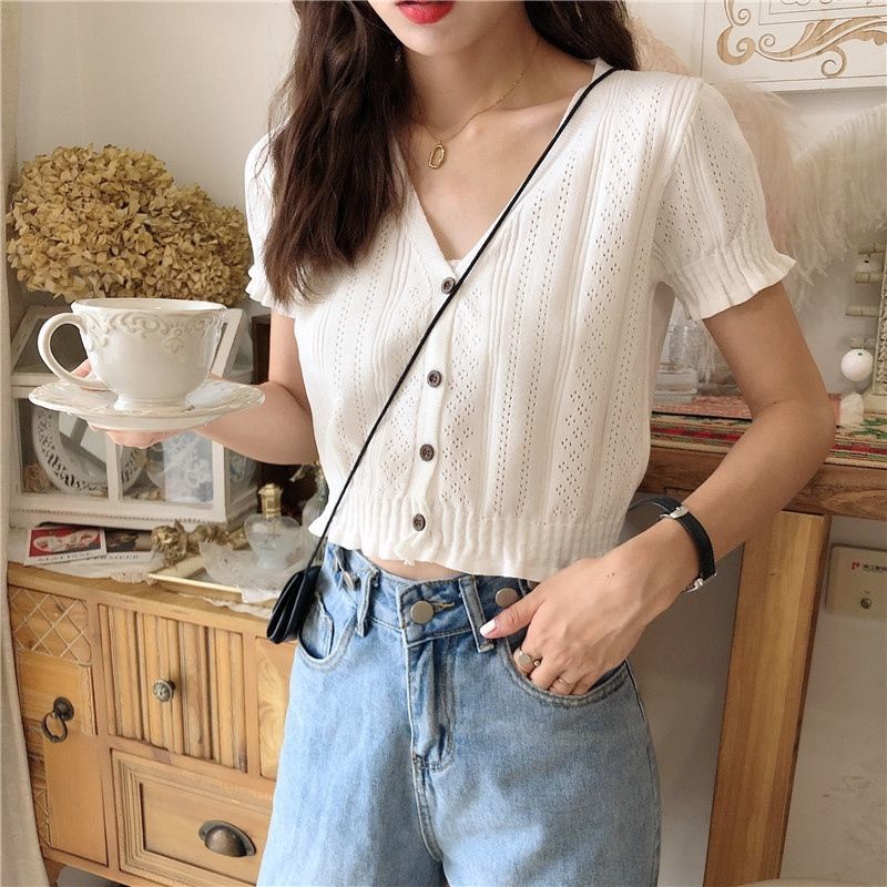 Kiểu dáng Jenny Hàn Quốc Cổ chữ V cài cúc áo crop top dệt kim mỏng vừa vặn