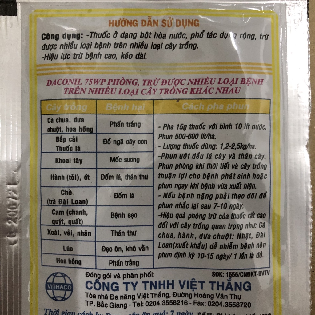 Chế phẩm trừ nấm bệnh cây trồng Daconil 15g, rừ bệnh phấn trắng, mốc sương, đốm lá, đốm sẹo, thán thư, đạo ôn, khô vằn