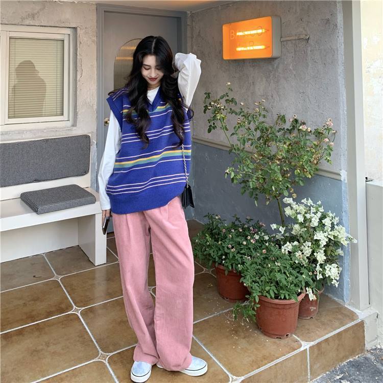 Áo dệt kim không tay dáng rộng hoa văn kẻ sọc phong cách retro Hàn Quốc cho nữ
