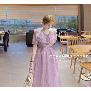Đầm xòe tơ xước cổ phối bèo tay ngắn