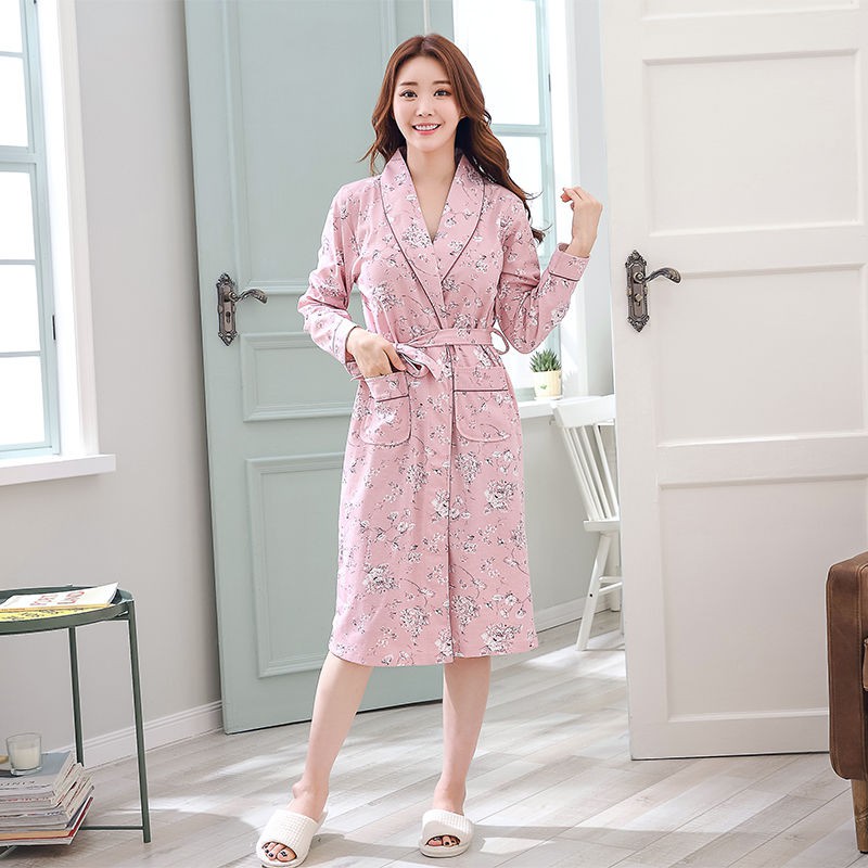 Áo Choàng Ngủ Tay Dài Chất Liệu Cotton Thời Trang Xuân Thu Cho Nữ