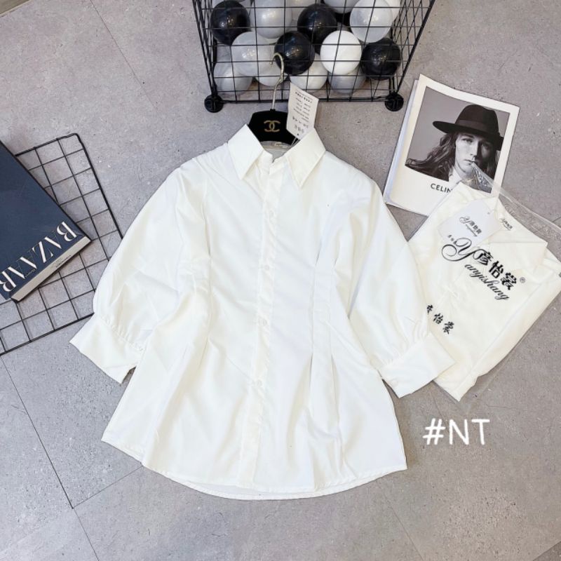 Áo sơ mị trắng thắt eo tiểu thư