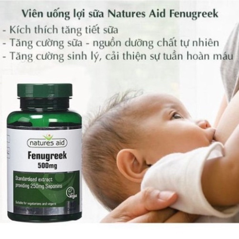 Viên uống lợi sữa cỏ cà ri Fenugreek Natures Aid 90 viên, sữa về ướt áo