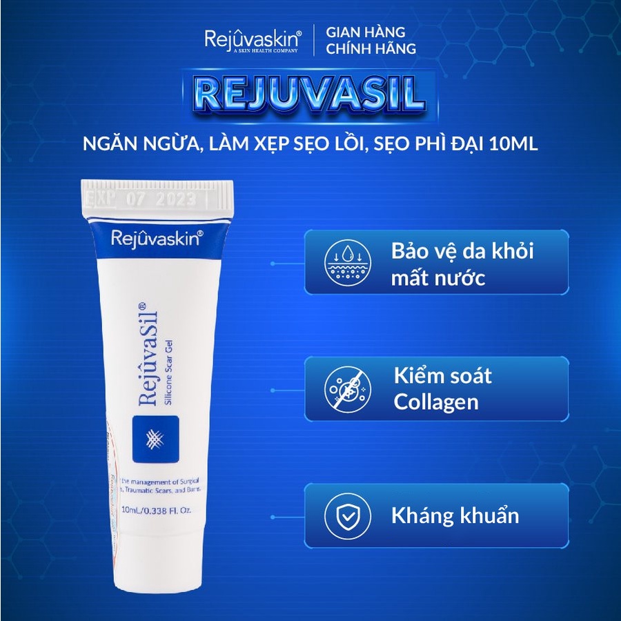 Combo chăm sóc da Rejuvaskin làm xẹp sẹo lồi, sẹo phì đại Silicone Rejuvasil Gel 10ml và làm mờ vết rạn da 90ml