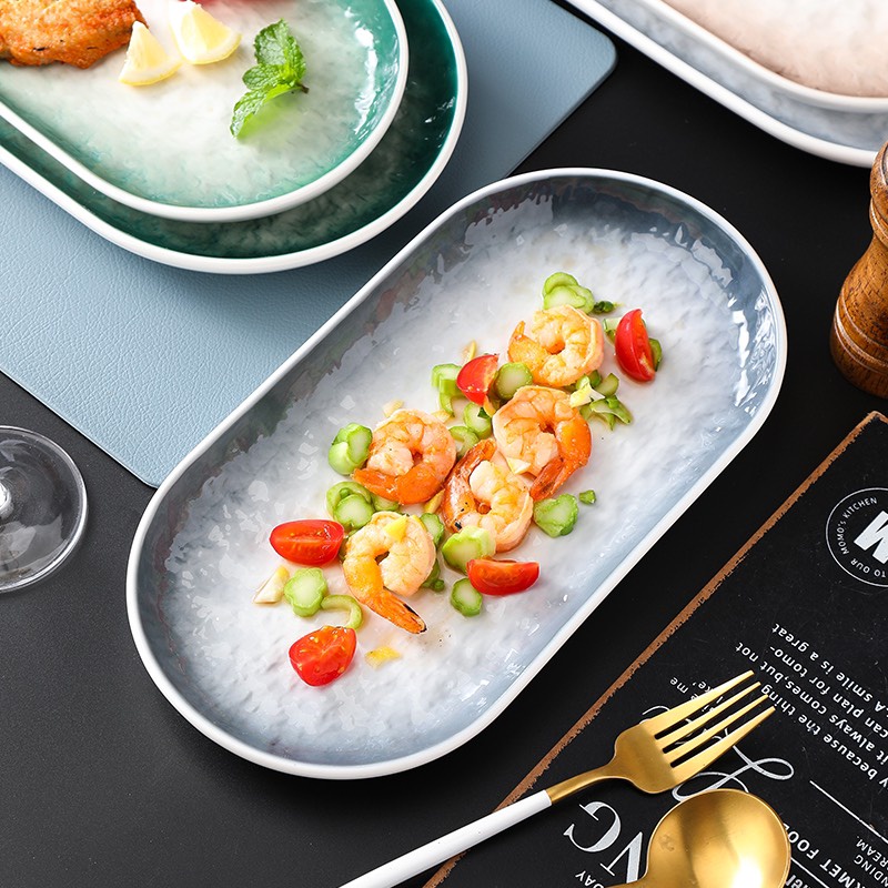 Đĩa sứ đài đựng cá, đĩa oval/bầu dục vân đá chống xước phong cách Bắc Âu - Đĩa Sứ cao cấp không chì