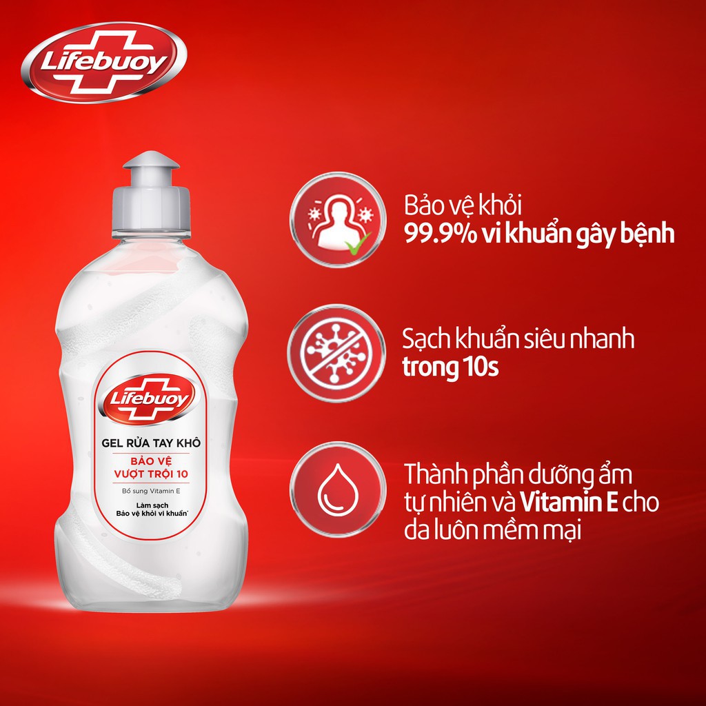 Gel rửa tay khô sạch siêu nhanh Lifebuoy Bảo Vệ Vượt Trội 10 (Chai nắp bạc 235ml)