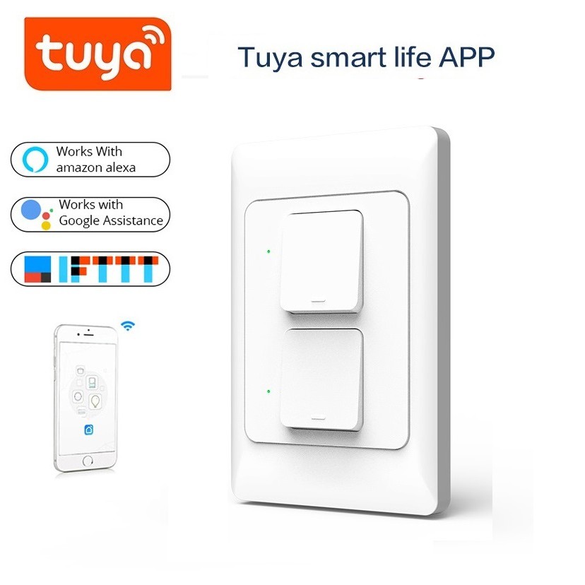 Công tắc cơ wifi 2 nút HCN màu trắng điều khiển từ xa qua smartphone App Tuya/Smartlife