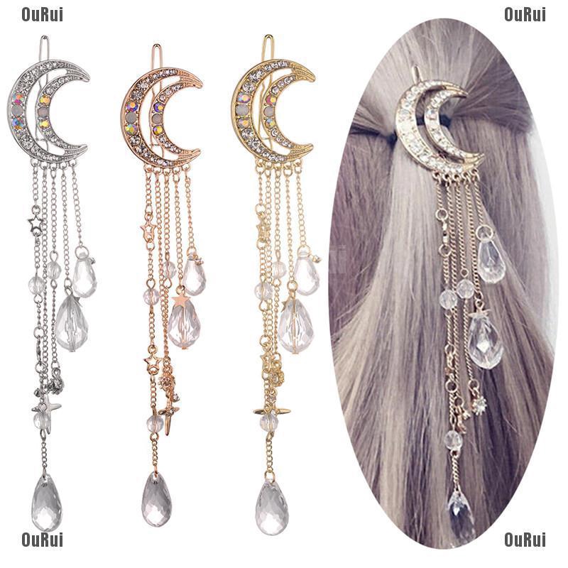 (FCC) Kẹp Tóc Hình Mặt Trăng Đính Đá Dễ Thương Thời Trang