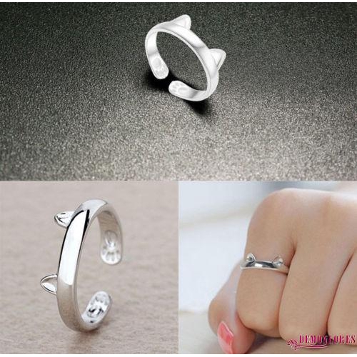❀DEM☞New Fashion Women Silver Cute Cat Kitten Ears Animal Design Ring Adjustable Gift