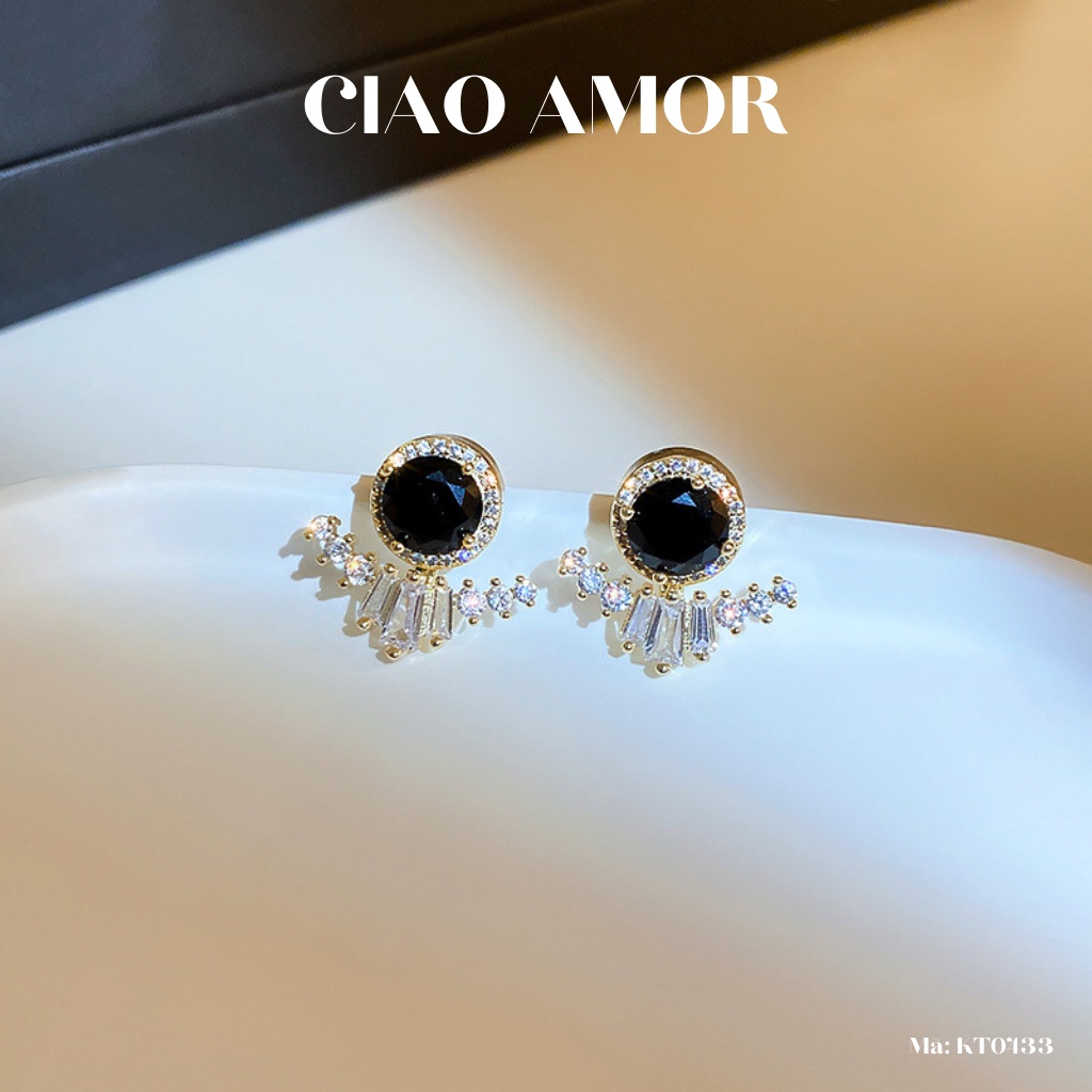 KT0433-Khuyên tai nữ, Bông tai nữ bạc 925 hạt đen đính hai cạnh đá lấp lánh sang trọng