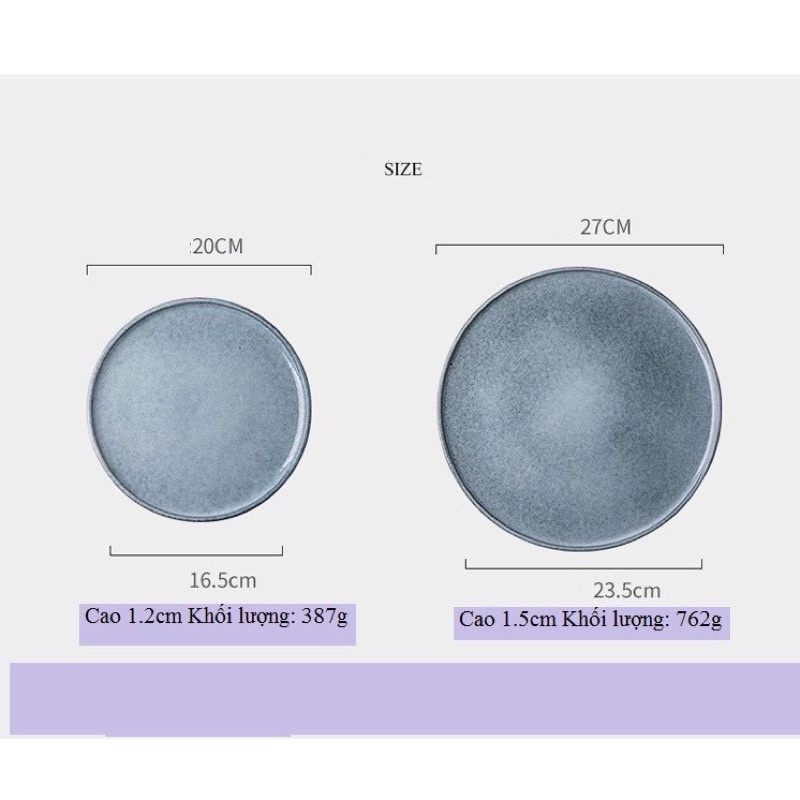Đĩa tròn phẳng, Đĩa Ghi xám Bambi Blue phong cách Bắc Âu, đĩa sứ nhà hàng