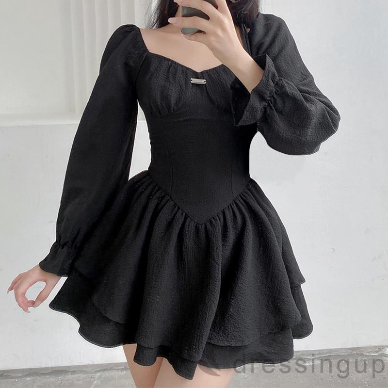 Đầm dài tay màu trơn hai lớp thời trang nữ tính