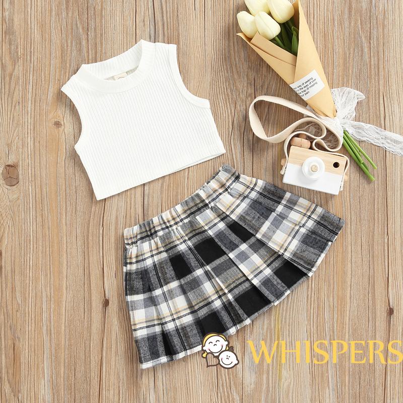 Set áo dệt kim sát nách màu trơn + chân váy xếp ly độc đáo thời trang mùa hè cho bé gái 0-4 tuổi