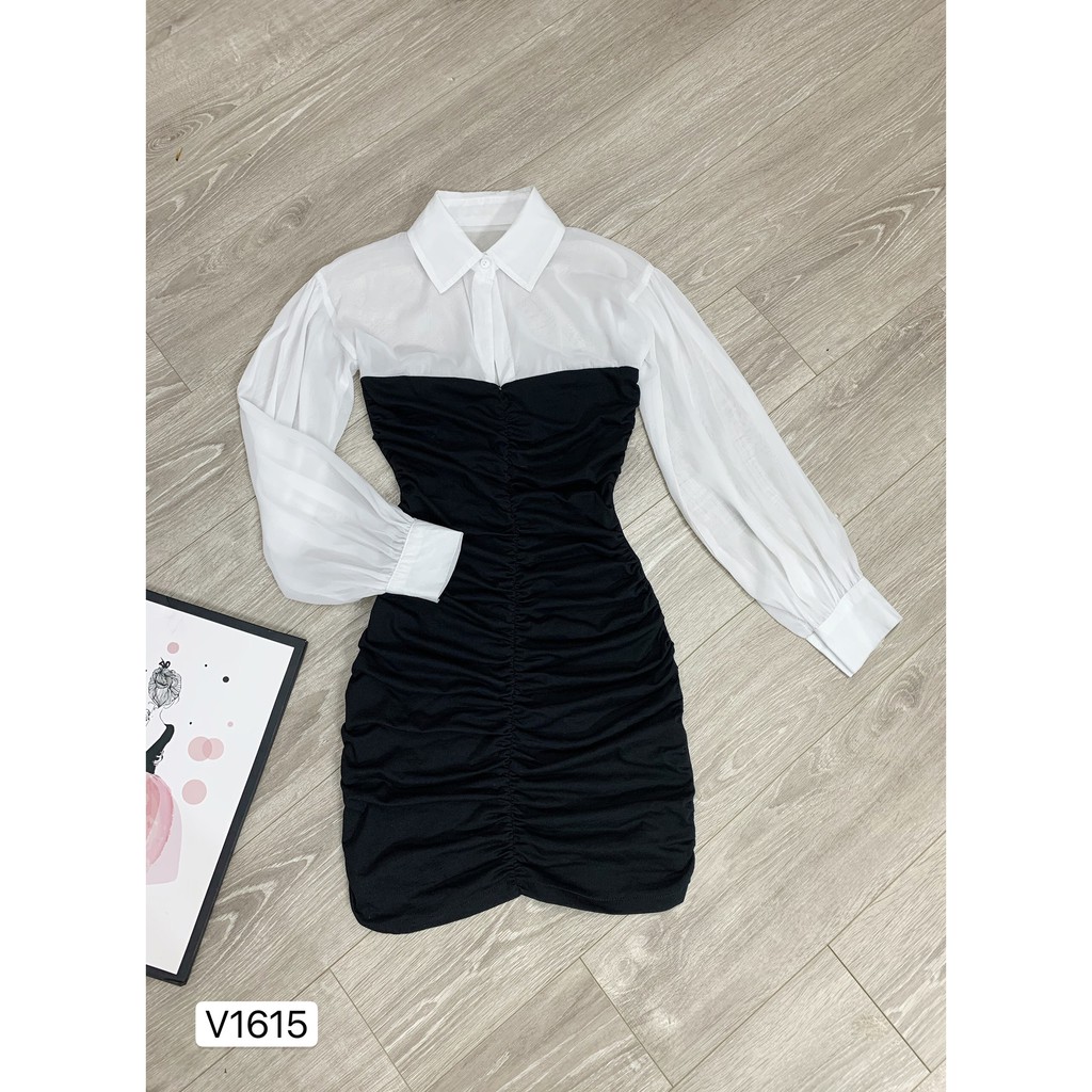 Váy đen body tay phối trắng V1615 - Đẹp Shop DVC (Kèm ảnh thật trải sàn do shop tự chụp) | BigBuy360 - bigbuy360.vn