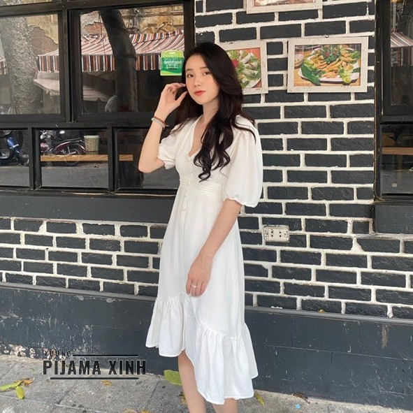 [XẢ LỖ] VÁY ĐẦM NỮ - Hàng thiết kế 2 lớp vải đũi tay bồng dáng xinh 3 màu đen, trắng, be
