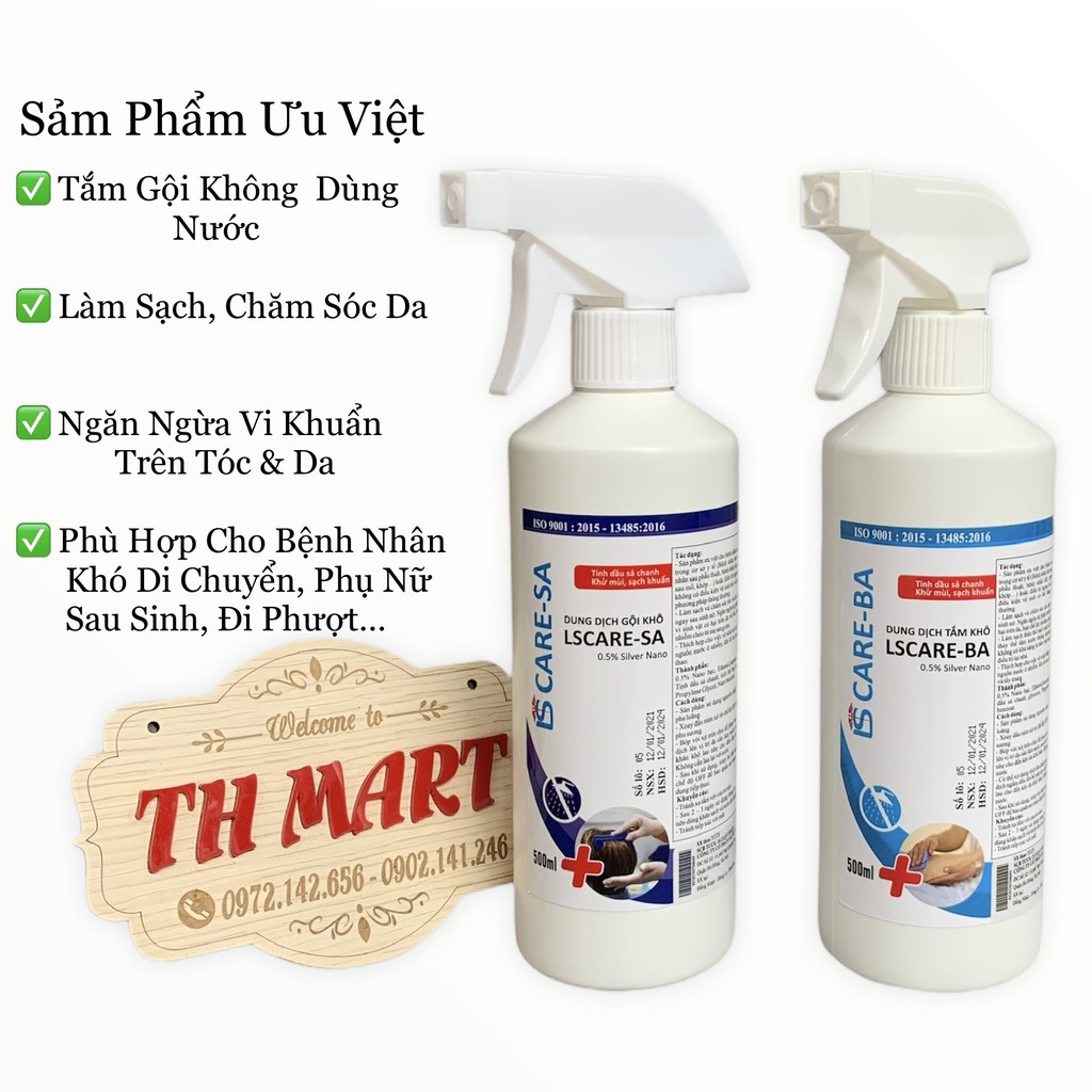 gội khô, tắm khô Lscare - Ba, dung dịch tắm gội không dùng nước kháng khuẩn hương thơn nhẹ (chai 500ml)