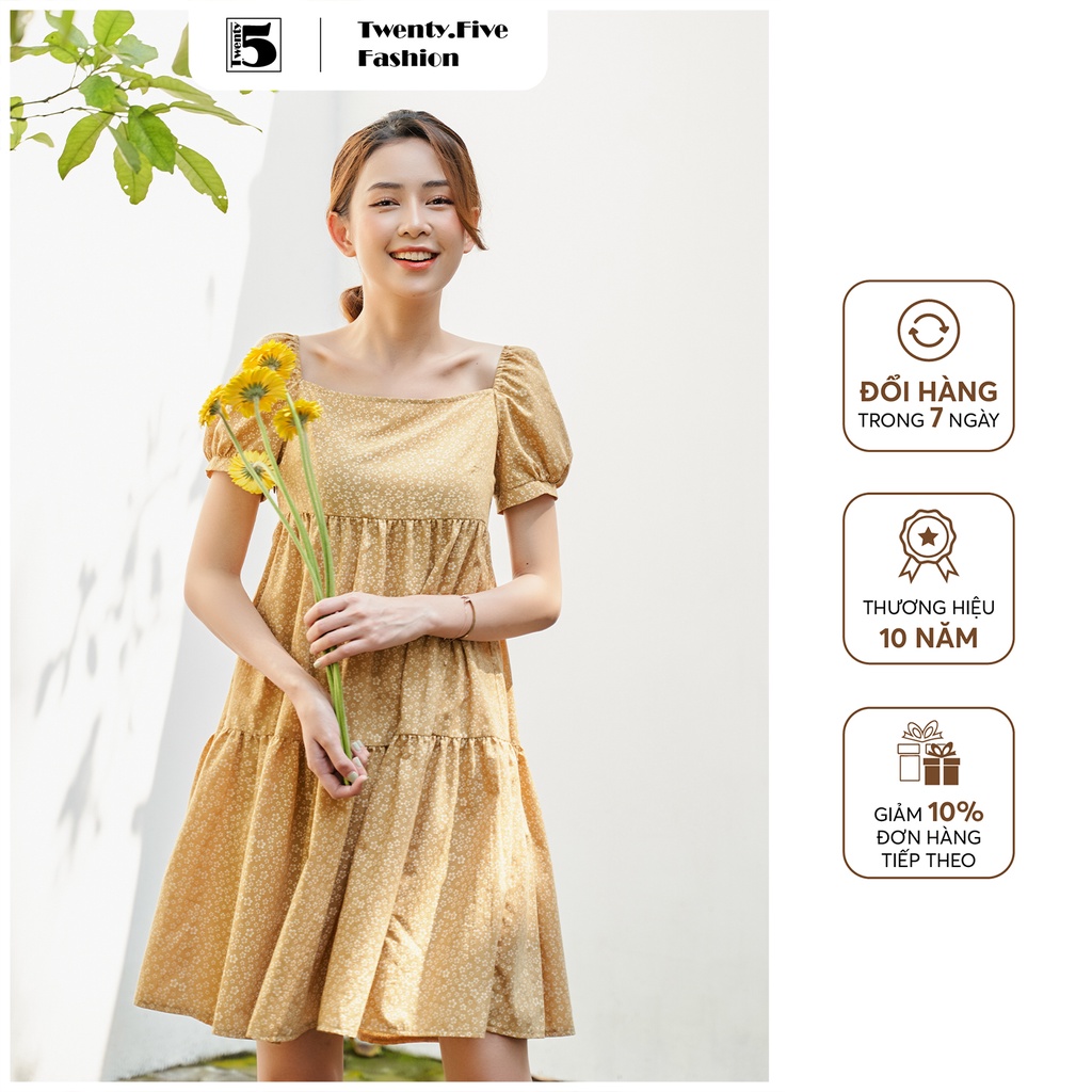 Đầm váy babydoll nữ cổ vuông tay bồng họa tiết hoa nhí Twentyfive A27