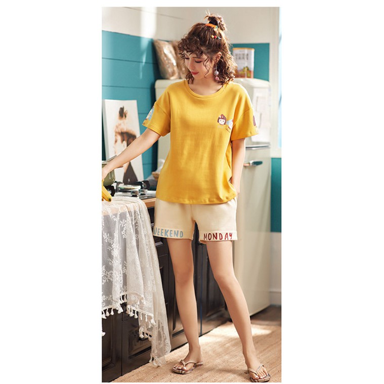 Bộ mặc nhà nữ💖FREESHIP💖Đồ ngủ cotton  màu vàng tươi trẻ mã H03